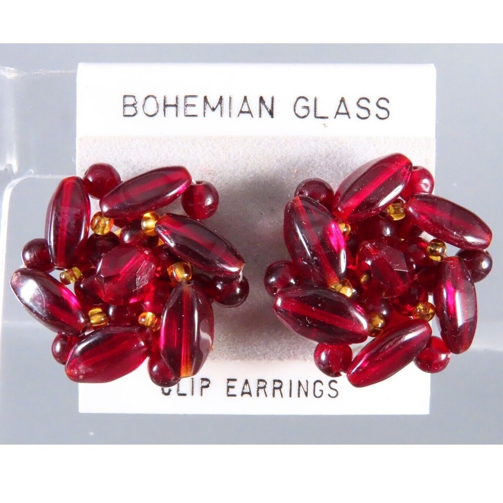 VTG NEW BOHEMIAN GLASS Clip-On Earrings DARK MAROON RED Gold Trim Beads BEADED